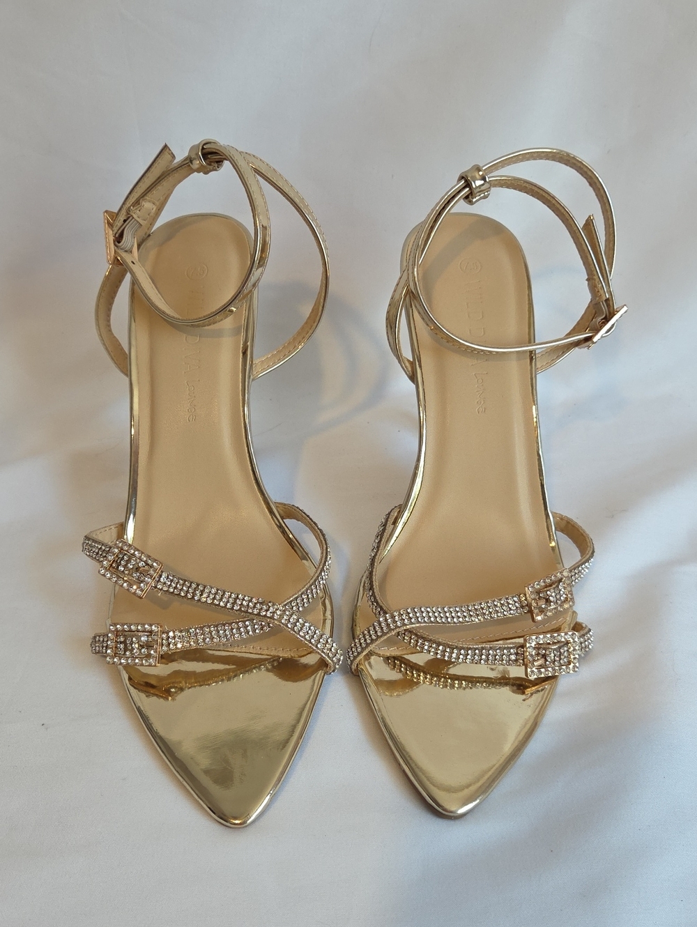 Wild Diva Gold Rhinestone Strappy Pointed-Toe Heels